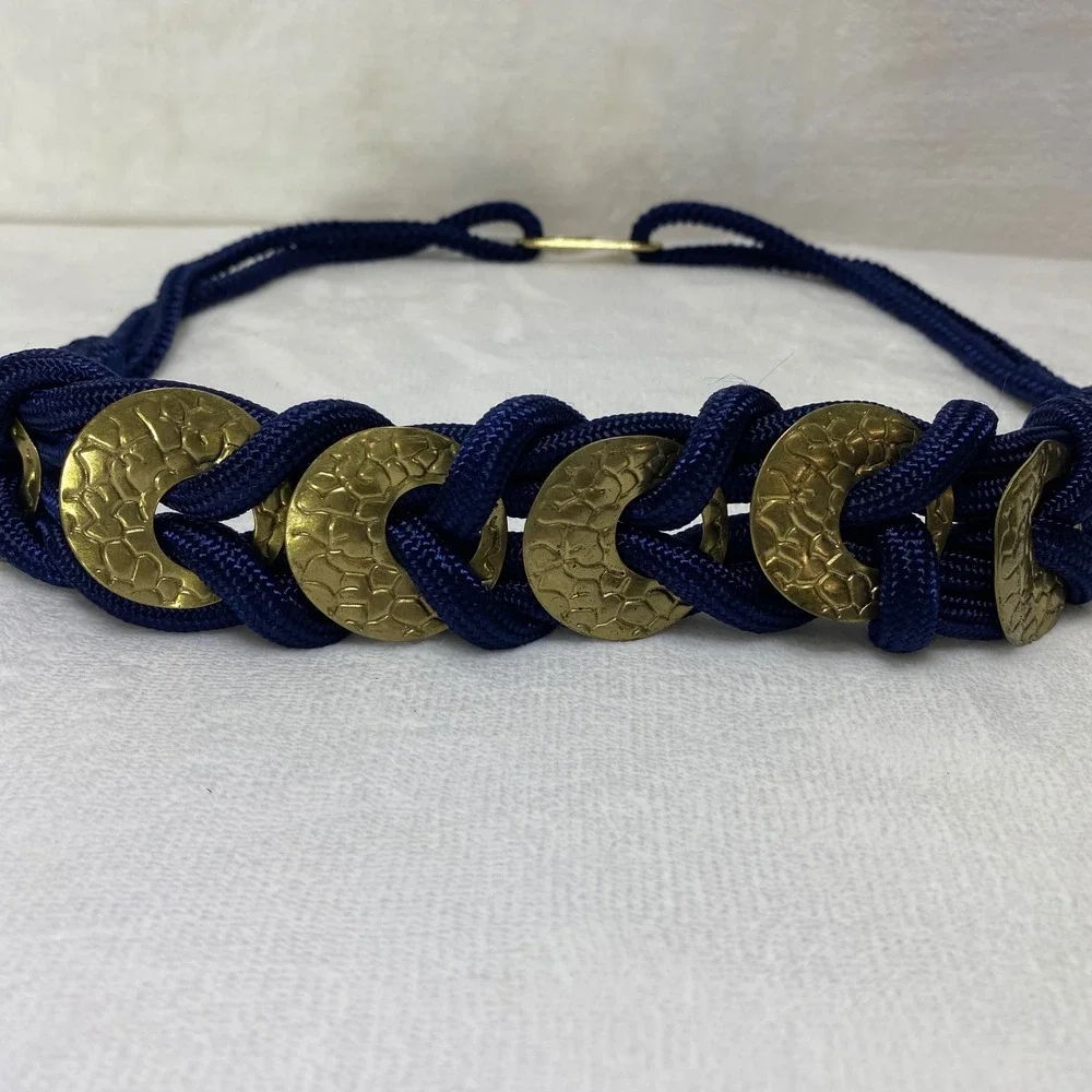VTG Braided Navy Cord Rope Belt with Gold Tone Buckle‎ Adjustable Stetches